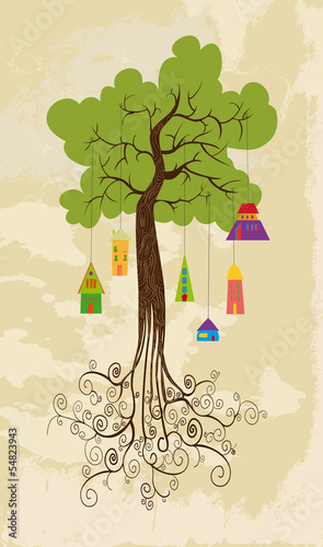 Vector: Sustainable development tree with hanging houses Sustainable development tree with hanging houses