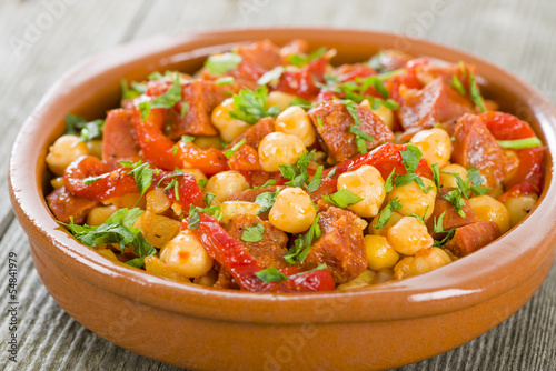 Photo: Garbanzos y Chorizo - Chickpeas, chorizo and red pepper tapas Garbanzos y Chorizo - Chickpeas, chorizo and red pepper tapas