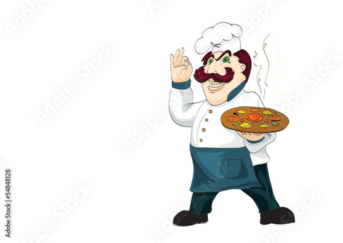 Vector: Italian chef with appetizing hot pizza on isolated white Italian chef with appetizing hot pizza on isolated white