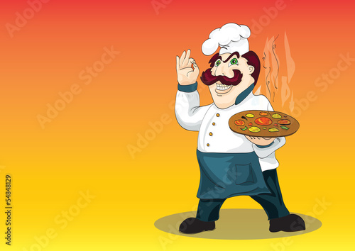 Vector: temperamental Italian chef with appetizing hot pizza temperamental Italian chef with appetizing hot pizza