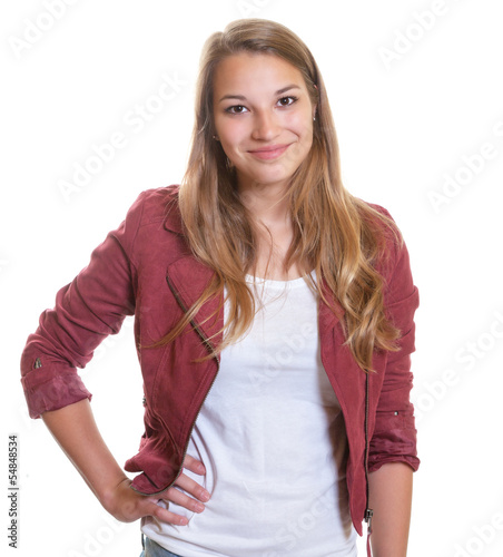 Photo: Standing young girl shows happiness Standing young girl shows happiness