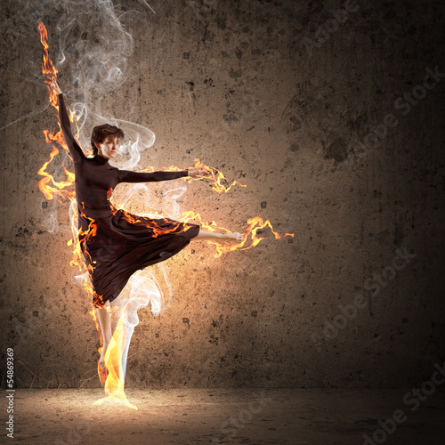 Photo: Girl in color dress dancing.Collage Girl in color dress dancing.Collage