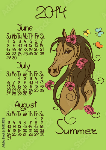Vector: Calendar summer 2014 with horse Calendar summer 2014 with horse
