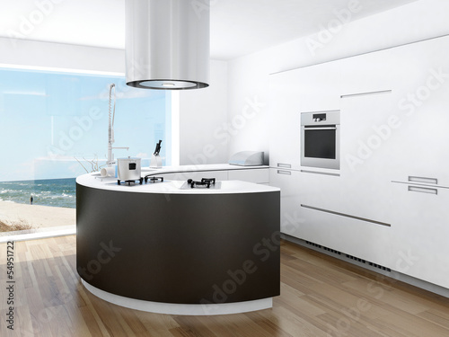 Illustration: Modern luxury kitchen interior with fantastic seascape view Modern luxury kitchen interior with fantastic seascape view