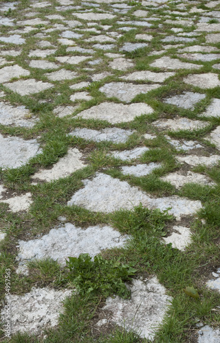 Photo: Old stone road with a grass Old stone road with a grass