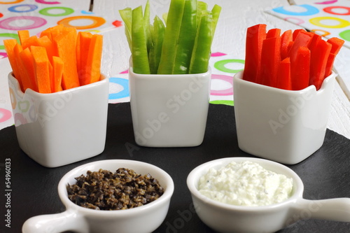 Photo: Crudités with two sauces, tzatziki and tapenade Crudités with two sauces, tzatziki and tapenade
