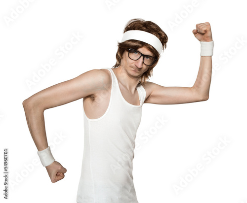 Photo: Funny retro nerd flexing muscle Funny retro nerd flexing muscle