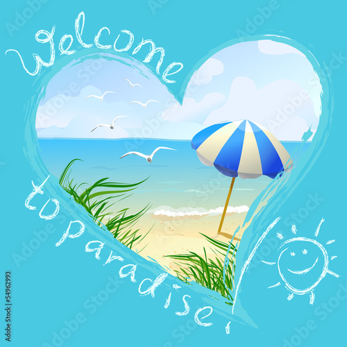 Vector: beach in a frame in the shape of heart beach in a frame in the shape of heart