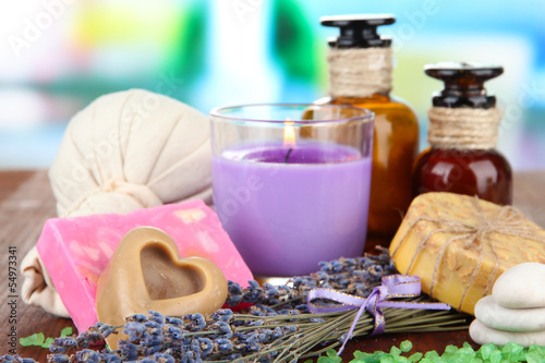 Photo: Still life with lavender candle, soap, massage balls, bottles, Still life with lavender candle, soap, massage balls, bottles,