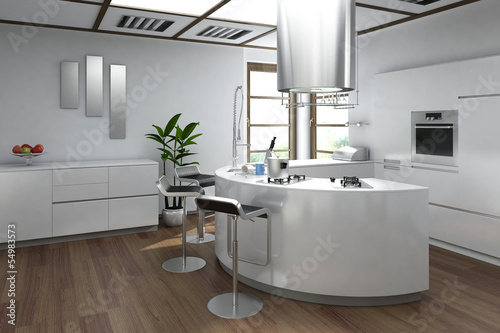 Illustration: Modern luxury kitchen interior with bar stool Modern luxury kitchen interior with bar stool