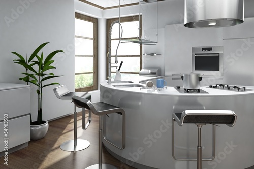 Illustration: Modern luxury kitchen interior with bar stool Modern luxury kitchen interior with bar stool