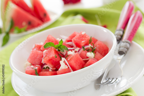 Photo: Salad with watermelon, cheese and mint. Salad with watermelon, cheese and mint.