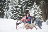 Photo: Österreich, Land Salzburg, Flachau, Junge Frau sitzt auf Schlitten mit Weihnachtsgeschenken Österreich, Land Salzburg, Flachau, Junge Frau sitzt auf Schlitten mit Weihnachtsgeschenken