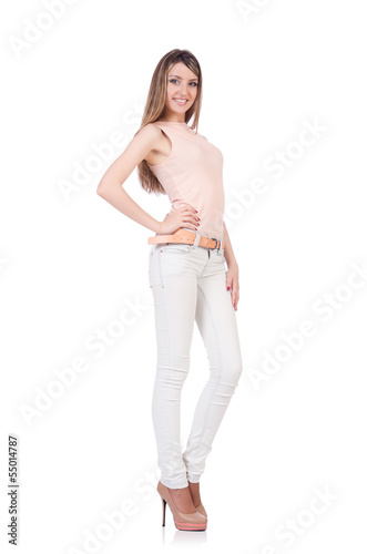 Photo: Model wearing fashionable clothing on white Model wearing fashionable clothing on white