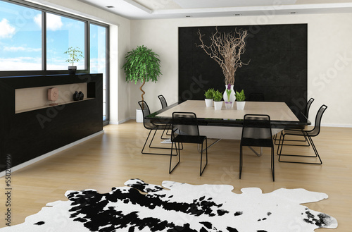 Illustration: Modern spacious interior with huge dining table Modern spacious interior with huge dining table