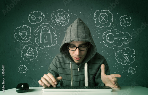 Photo: Young nerd hacker with virus and hacking thoughts Young nerd hacker with virus and hacking thoughts