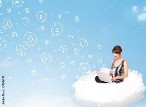 Photo: Young woman sitting in cloud with laptop Young woman sitting in cloud with laptop