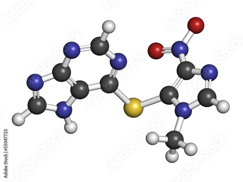 Illustration: Azathioprine immunosuppressive drug, chemical structure. Azathioprine immunosuppressive drug, chemical structure.