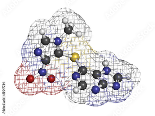 Illustration: Azathioprine immunosuppressive drug, chemical structure. Azathioprine immunosuppressive drug, chemical structure.