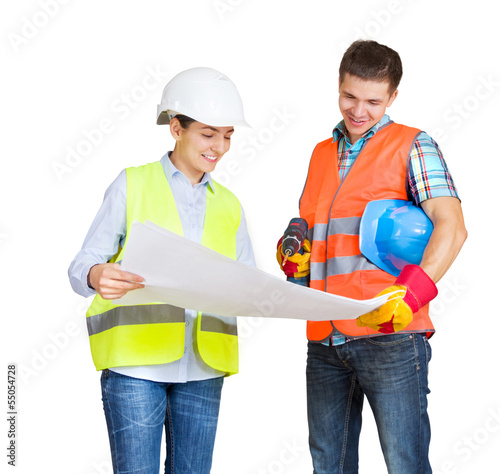 Photo: Foreman and engineer with blueprints Foreman and engineer with blueprints