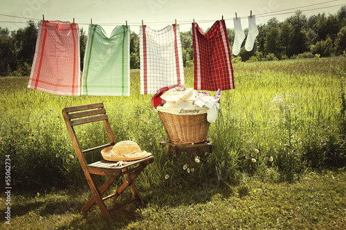 Photo: Washing day with laundry on clothesline Washing day with laundry on clothesline