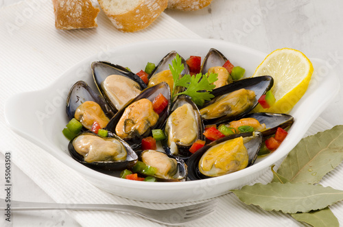 Photo: Spanish Cuisine. Mussels in Sauce. Mejillones a la Marinera. Spanish Cuisine. Mussels in Sauce. Mejillones a la Marinera.