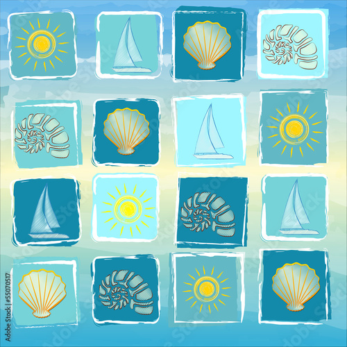 Illustration: summer background with suns, boats, shells and conchs in squares summer background with suns, boats, shells and conchs in squares