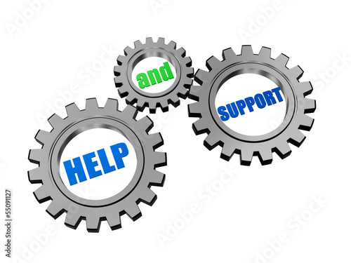 Illustration: help and support in silver grey gears help and support in silver grey gears