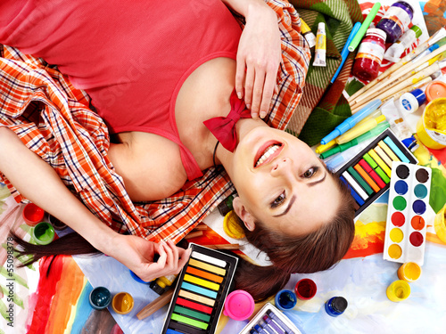 Photo: Artist woman with paint palette. Artist woman with paint palette.