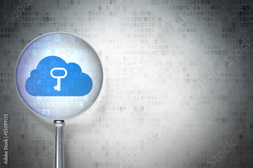 Illustration: Cloud computing concept: Cloud With Key with optical glass on d Cloud computing concept: Cloud With Key with optical glass on d