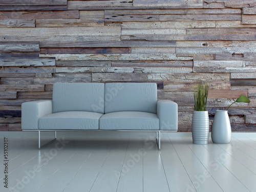 Illustration: White couch and two vases standing in front of wooden wall White couch and two vases standing in front of wooden wall