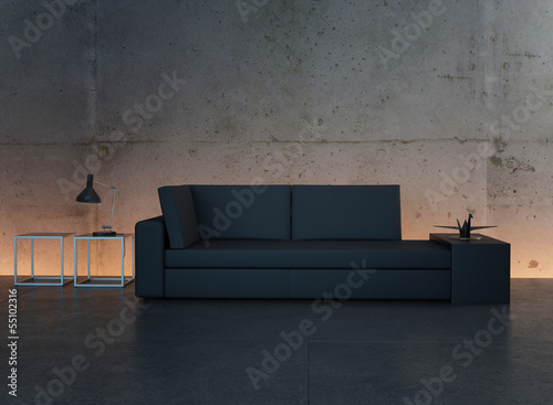 Illustration: Black couch standing against concrete wall Black couch standing against concrete wall