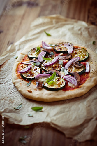 Photo: Pizza with grilled zucchini, onion, mushrooms and pine nuts Pizza with grilled zucchini, onion, mushrooms and pine nuts
