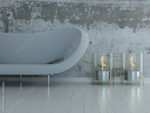 Illustration: White couch against concrete wall with two burning candles White couch against concrete wall with two burning candles