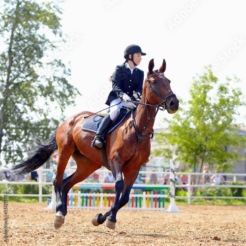 Photo: The sportswoman on a red horse. The sportswoman on a red horse.