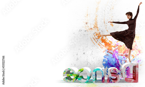 Photo: Girl in color dress dancing.Collage Girl in color dress dancing.Collage