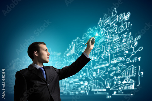 Photo: Businessman and media screen Businessman and media screen