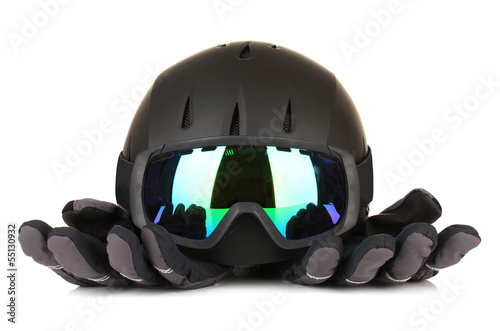 Photo: Winter sport glasses, helmet and gloves, isolated on white Winter sport glasses, helmet and gloves, isolated on white