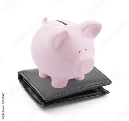 Photo: Piggy bank with black leather wallet on white Piggy bank with black leather wallet on white