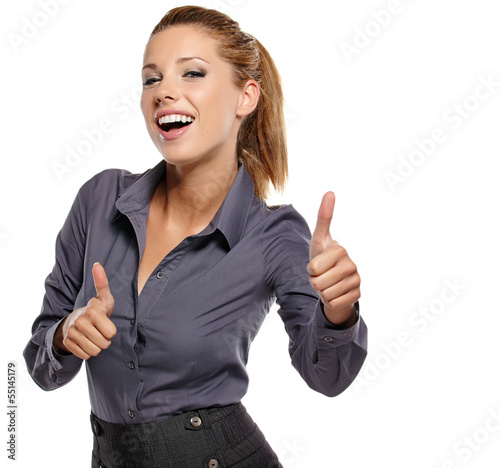 Photo: Happy smiling business woman with thumbs up gesture Happy smiling business woman with thumbs up gesture