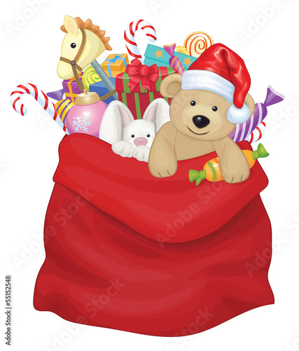 Vector: Vector Santa Claus bag with toys and gifts. Vector Santa Claus bag with toys and gifts.