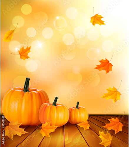 Vector: Pumpkins on wooden background with leaves. Autumn background. Ve Pumpkins on wooden background with leaves. Autumn background. Ve