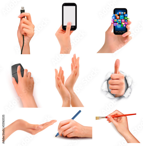Vector: Set of hands holding different business objects.Vector Set of hands holding different business objects.Vector
