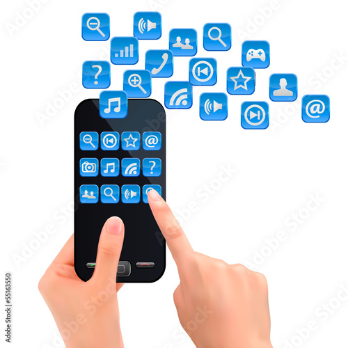 Vector: Hand holding mobile phone with icons. Vector. Hand holding mobile phone with icons. Vector.