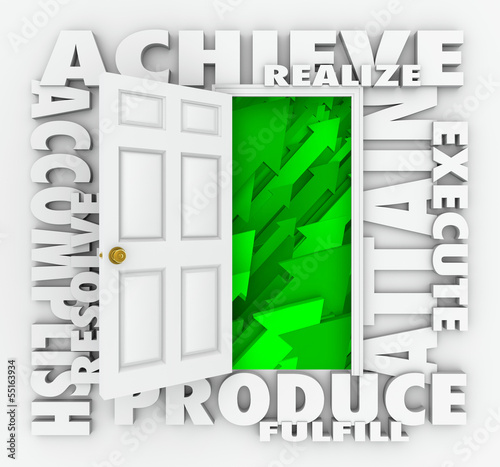 Illustration: Achieve Word Door Accomplish Goals Successful Mission Achieve Word Door Accomplish Goals Successful Mission