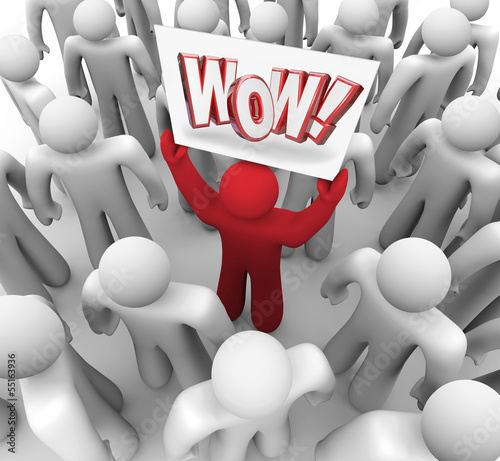 Illustration: Man Holding Wow Sign in Crowd Suprise Customer Satisfaction Man Holding Wow Sign in Crowd Suprise Customer Satisfaction
