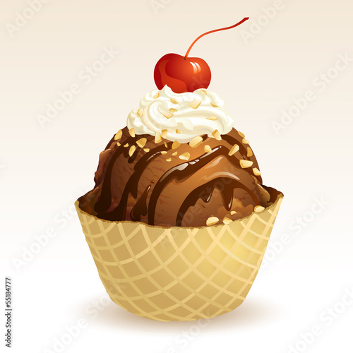 Vector: Chocolate ice cream with waffle basket Chocolate ice cream with waffle basket
