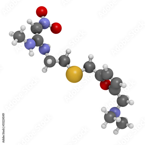Illustration: Ranitidine peptic ulcer disease drug, chemical structure. Ranitidine peptic ulcer disease drug, chemical structure.