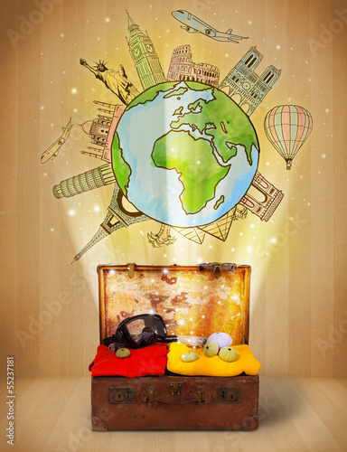 Photo: Luggage with travel around the world illustration concept Luggage with travel around the world illustration concept