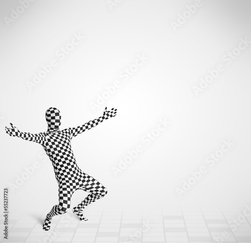 Photo: Funny guy in morphsuit body suit looking at copy space Funny guy in morphsuit body suit looking at copy space
